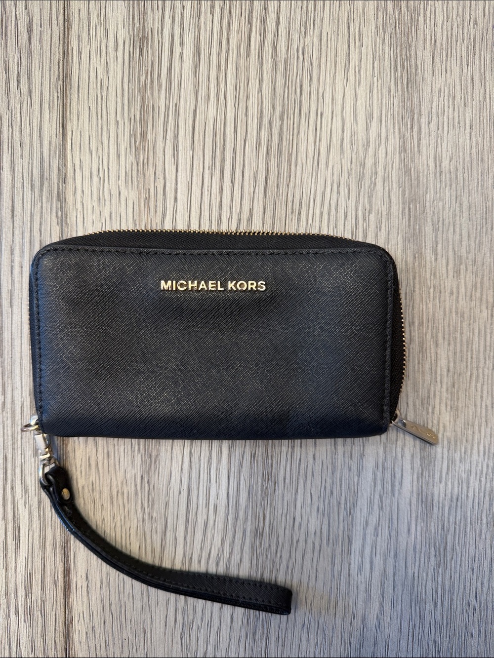 Michael Kors Black Saffiano Leather Zip Wristlet with Gold Hardware